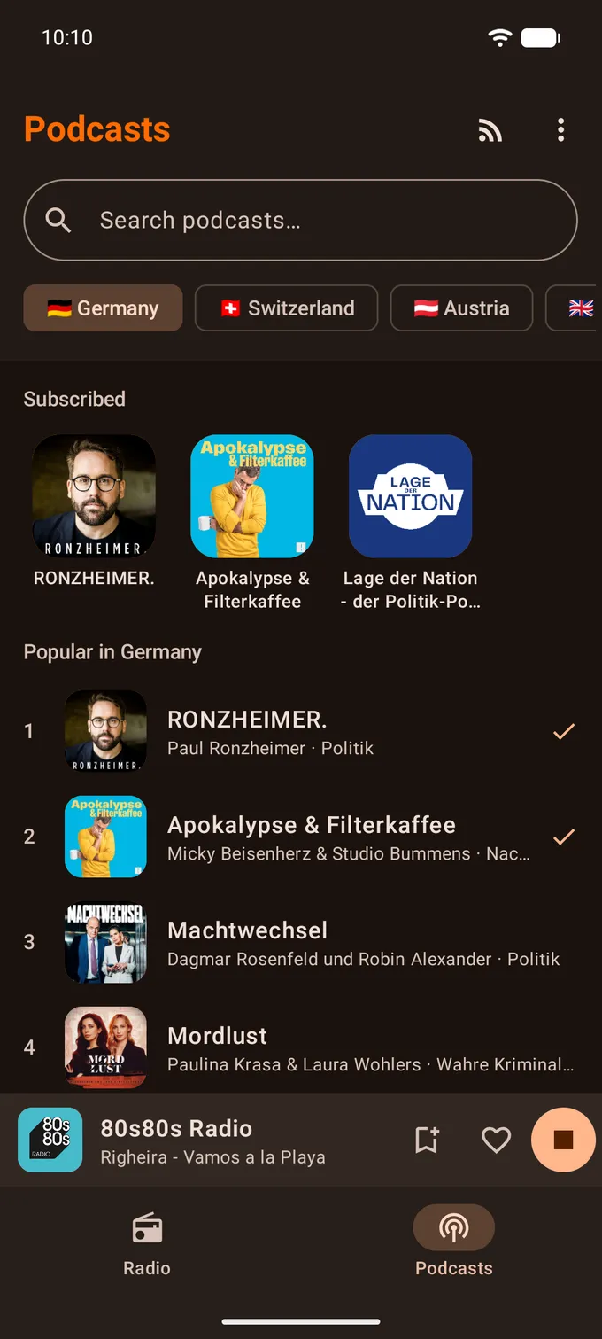 The Podcasts tab with subscribed shows and the German charts