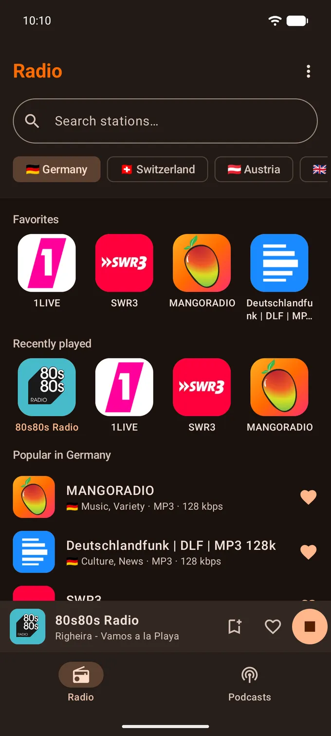 The Radio tab with favorites and popular stations from Germany